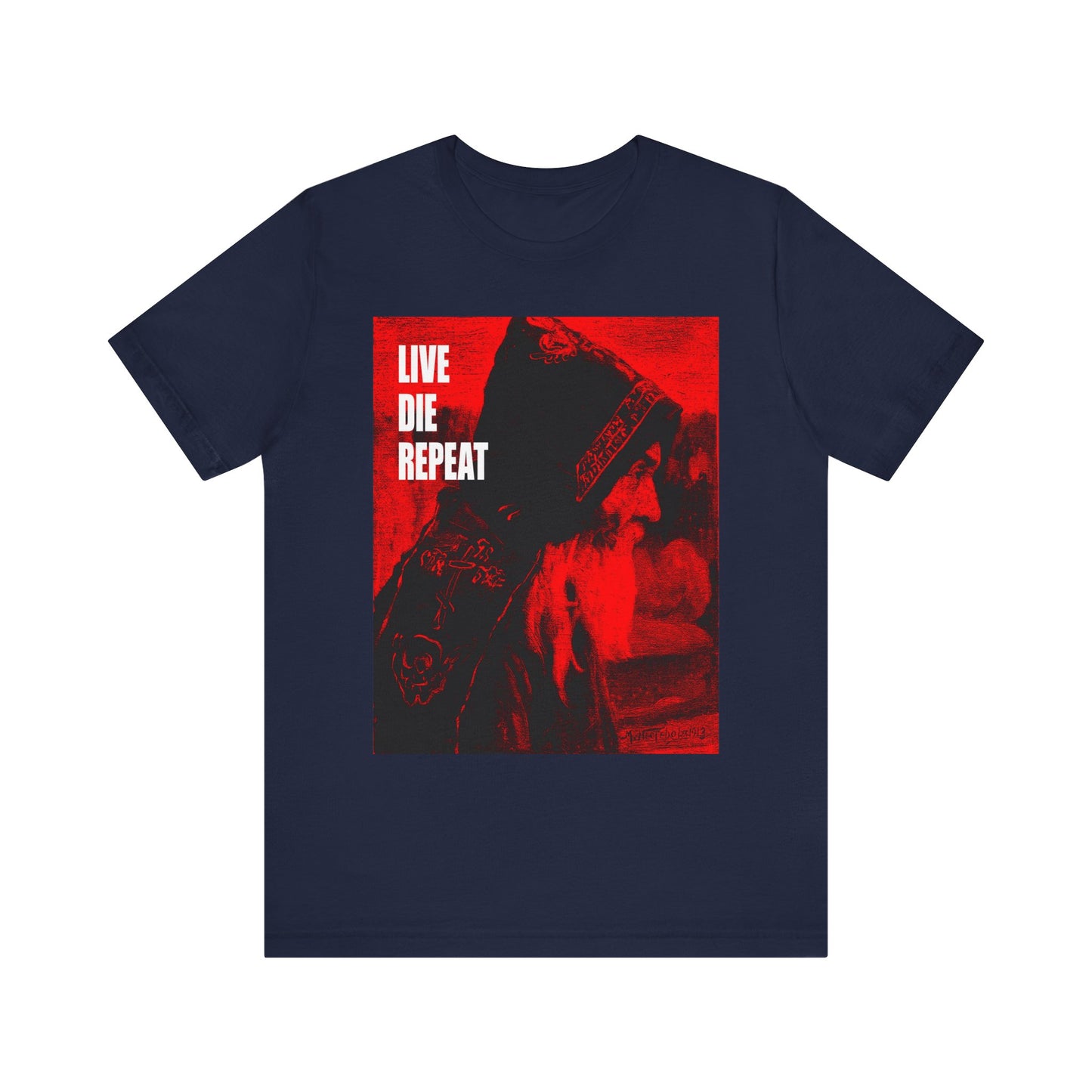 Navy "Live Die Repeat" unisex tee featuring Orthodox monk art by Mikhail Nesterov and the quote "Die Every Day, You Will Live Forever." Lightweight cotton, inspired by St Antony the Great's message of courage and persistence.