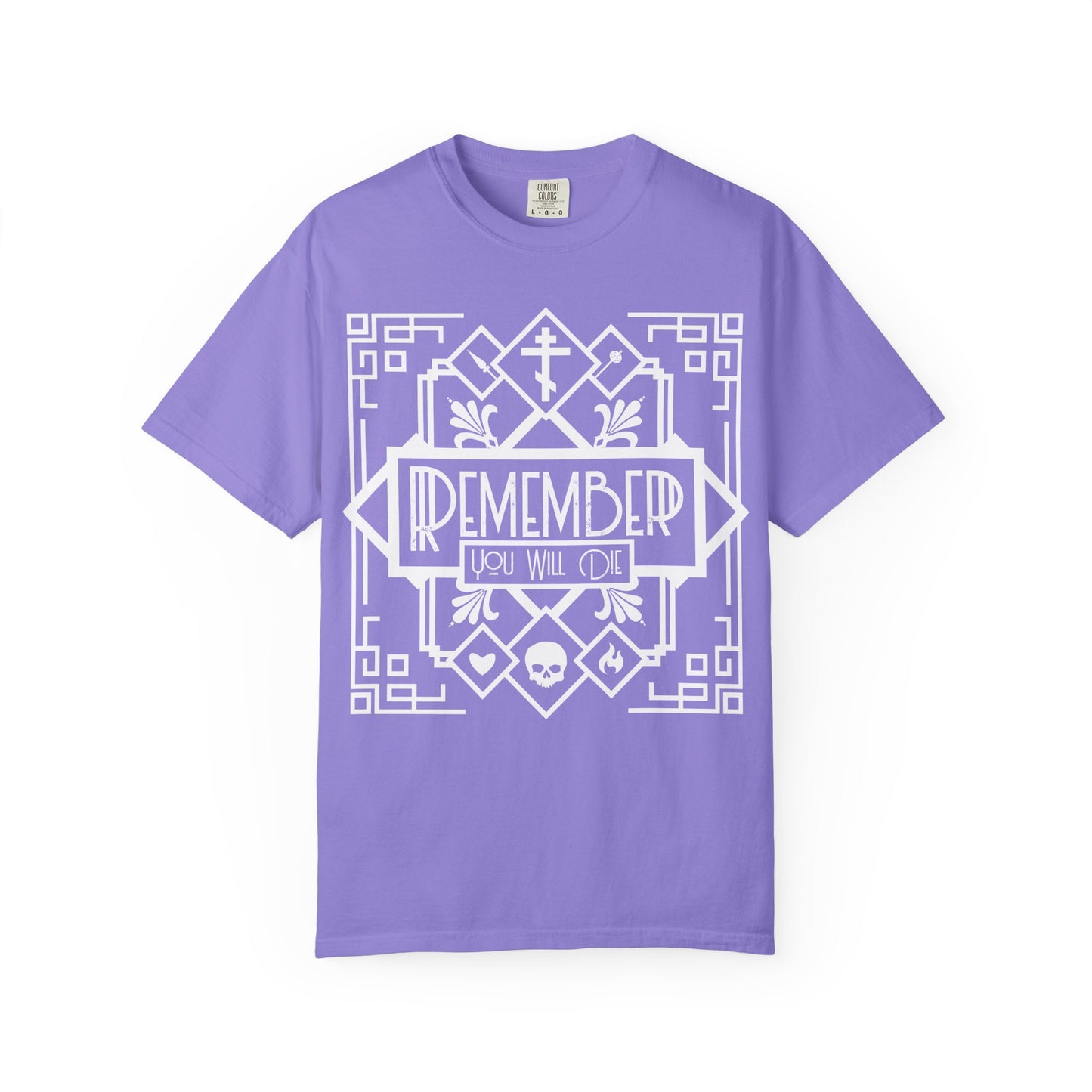 Remember You Will Die Art Deco Design | Black and White Line Art | Skull Heart Fire | Memento Mori | Heavyweight Cotton Unisex T-Shirt