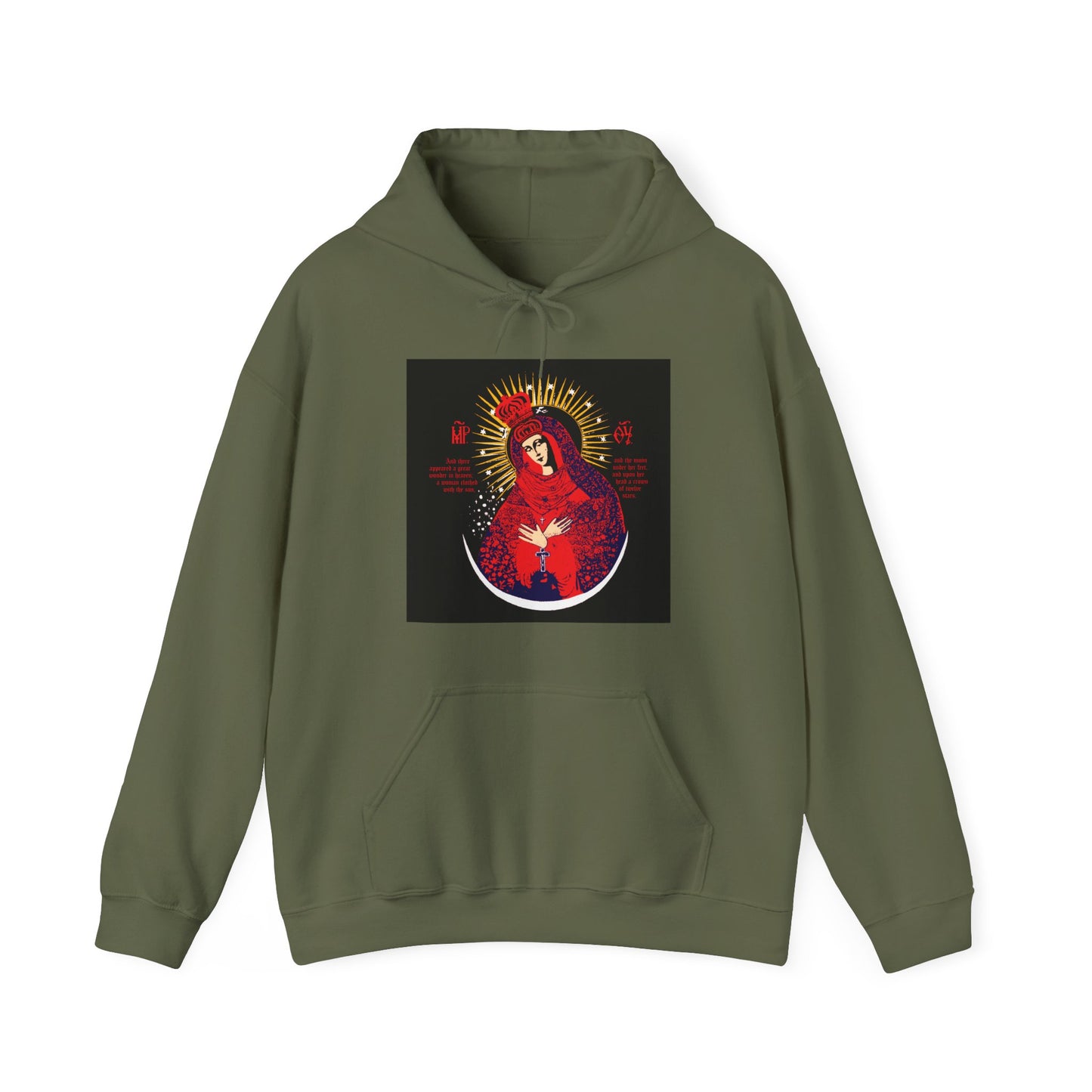 Military green hoodie with vibrant red, blue, and gold iconographic design—Our Lady the Gate of Dawn crowned as Theotokos, inspired by Orthodox Christian Vilnius iconography.
