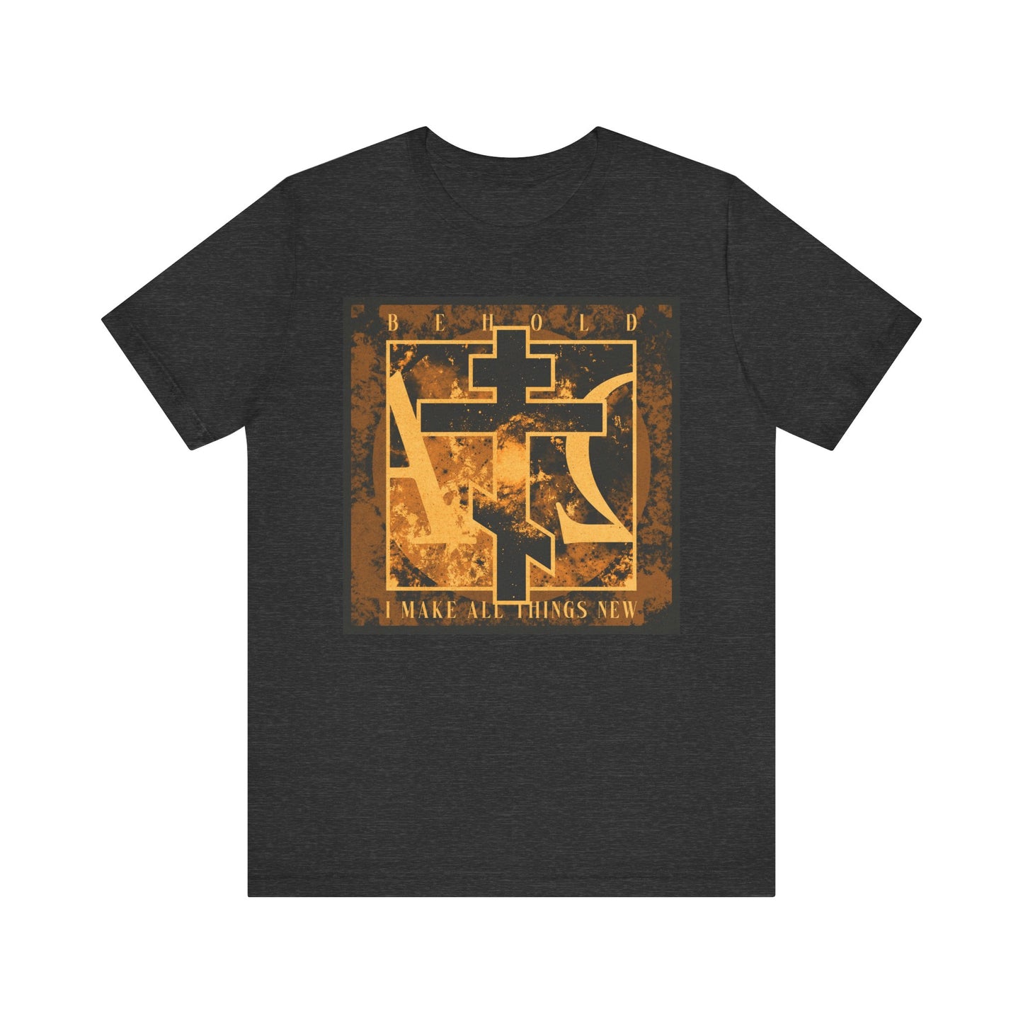 Dark Grey Heather unisex tee featuring a brown and orange Orthodox cross with Alpha & Omega symbols, inspired by Rev 21:5. Lightweight cotton. Text reads “MAKE ALL THINGS NEW.”.