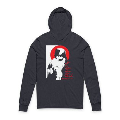 The Remembrance of Death "It’s Later Than You Think" hooded shirt features a high-contrast black-and-white graphic of Fr Seraphim Rose with a red circle and “It’s deeper than you think” text, inspired by modern Orthodox Christian spiritual life.