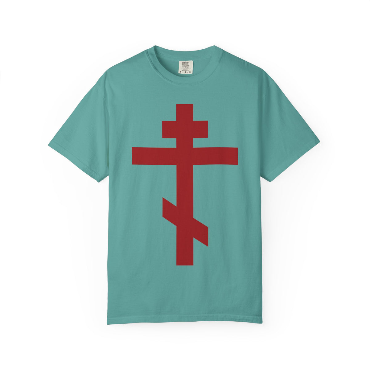 Seafoam Red Orthodox Cross | Preserve Thy People By Thy Cross, O Lord T-shirt with a large red Orthodox cross.