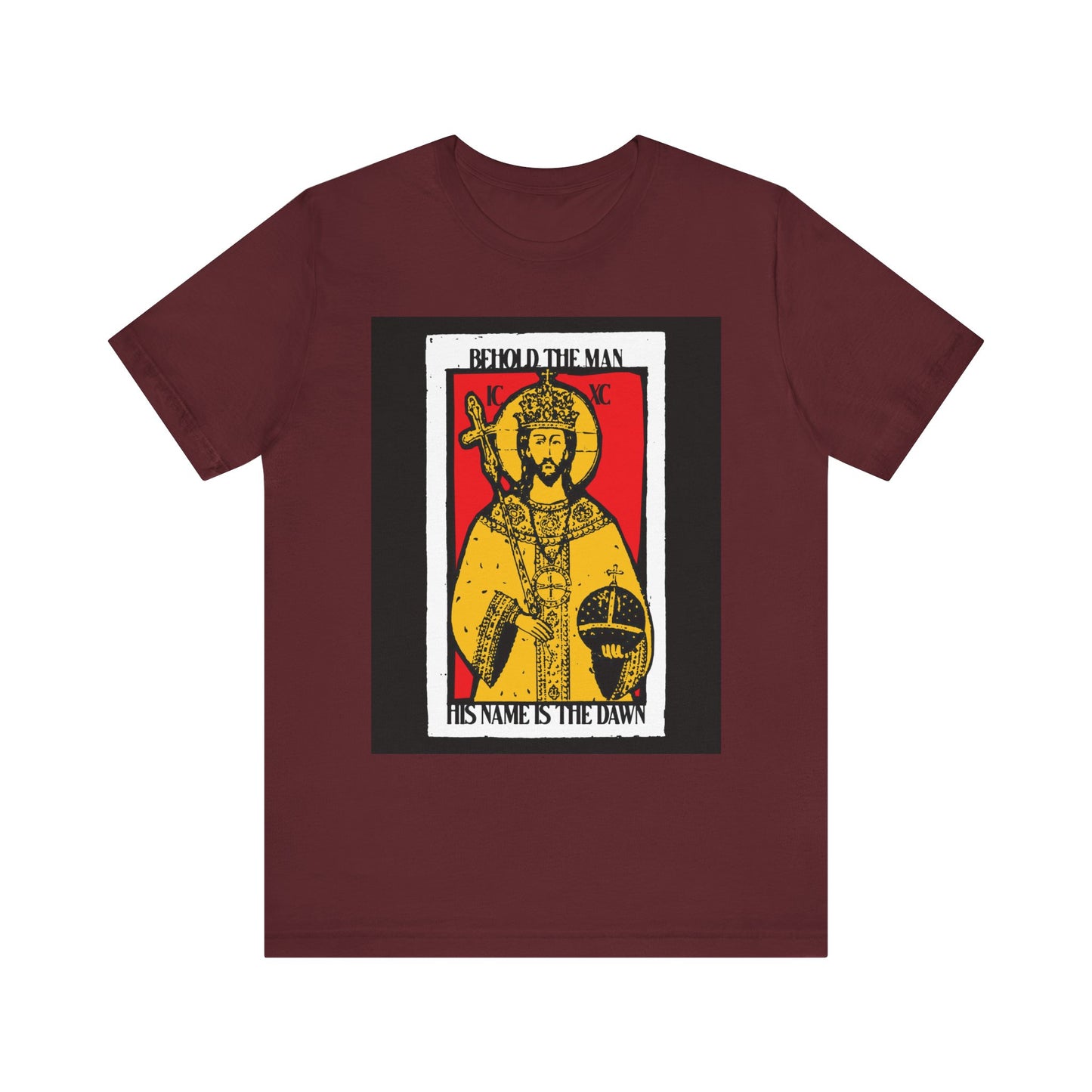 Maroon lightweight cotton tee with red and yellow Christ icono-graphic and text: "Behold the Man His Name is the Dawn" (Zechariah 6:12 LXX); messianic design.