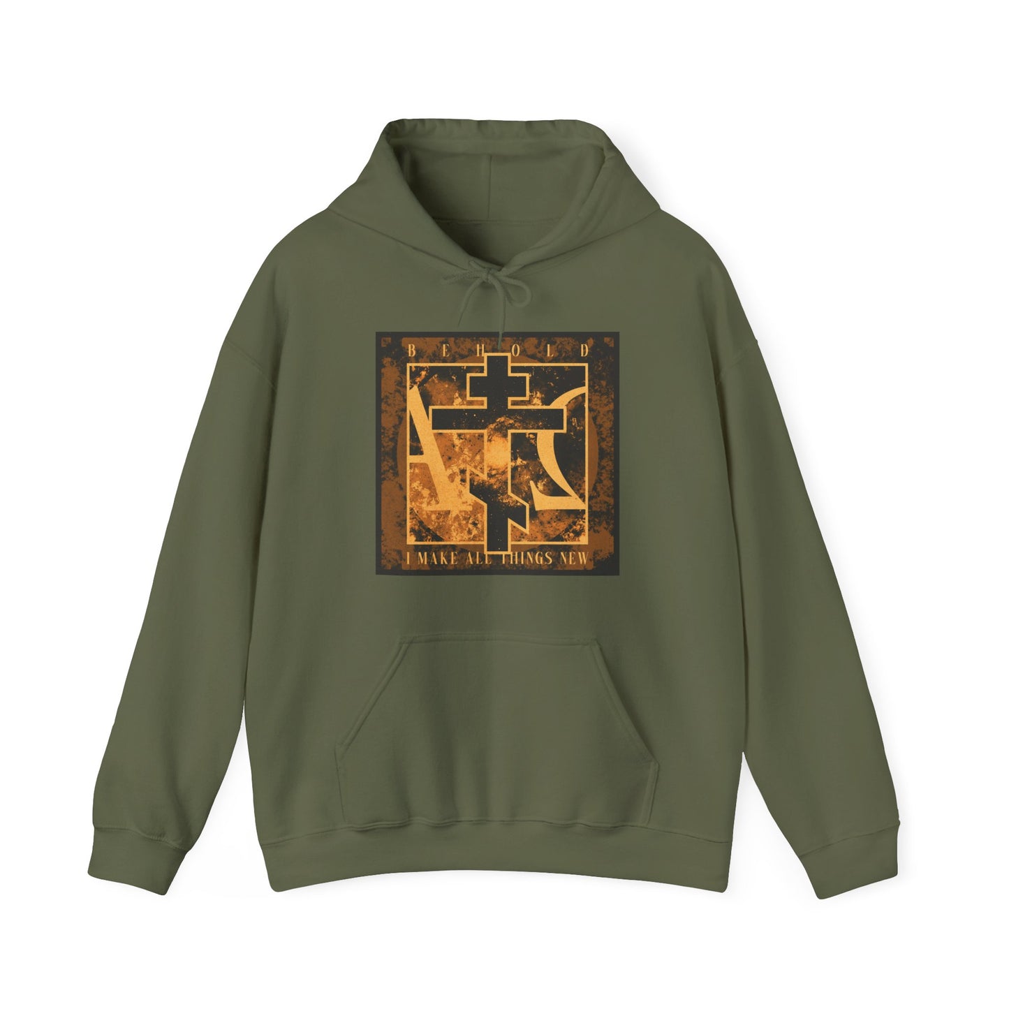 Military green Orthodox Christian hoodie featuring a brown and orange Orthodox cross with Alpha & Omega, inspired by Rev 21:5—"Behold, I Make All Things New.