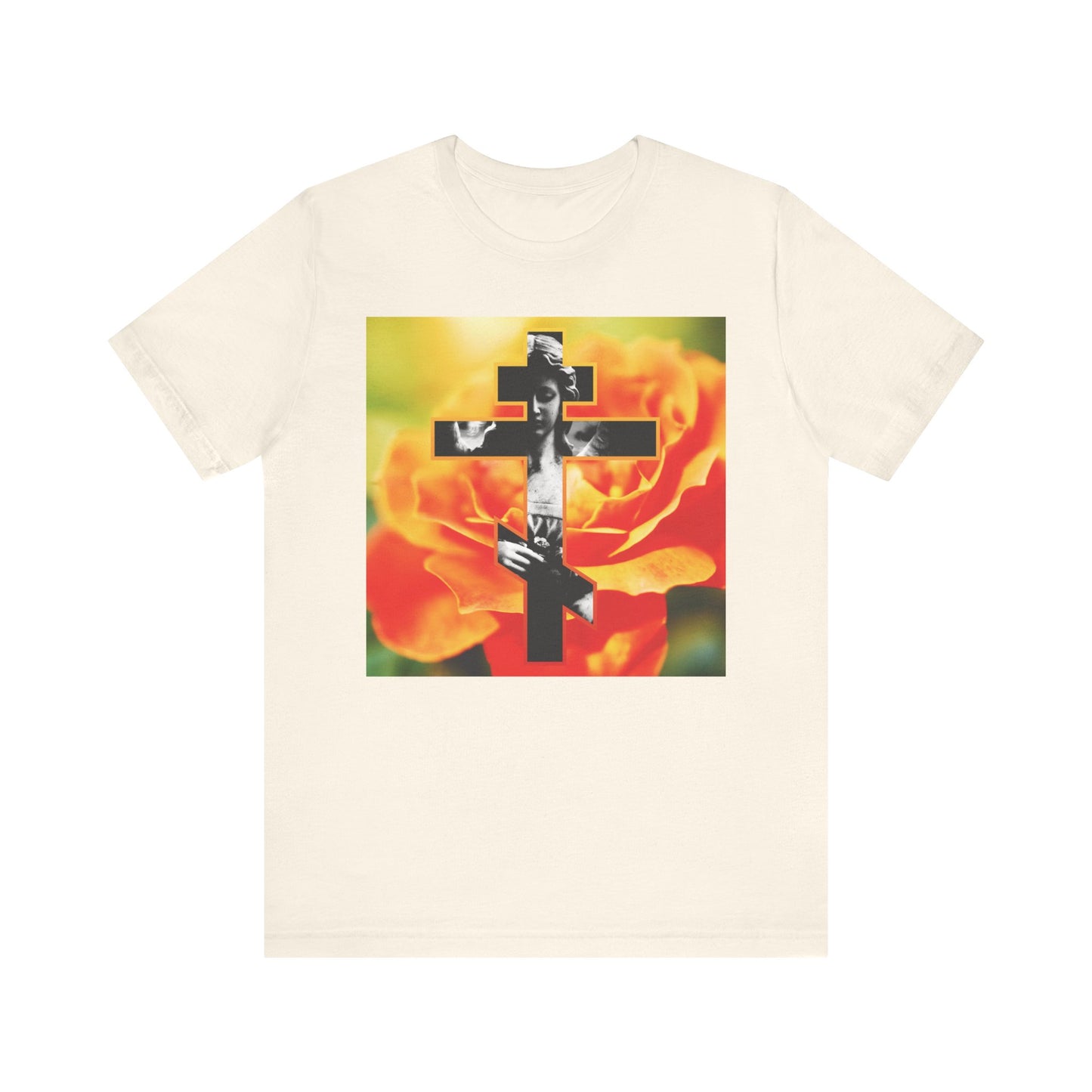 Natural unisex tee featuring a cemetery statue angel cross on an orange rose, inspired by "Remember You Will Die" and Orthodox Christian themes. Lightweight cotton. Memento Mori design.