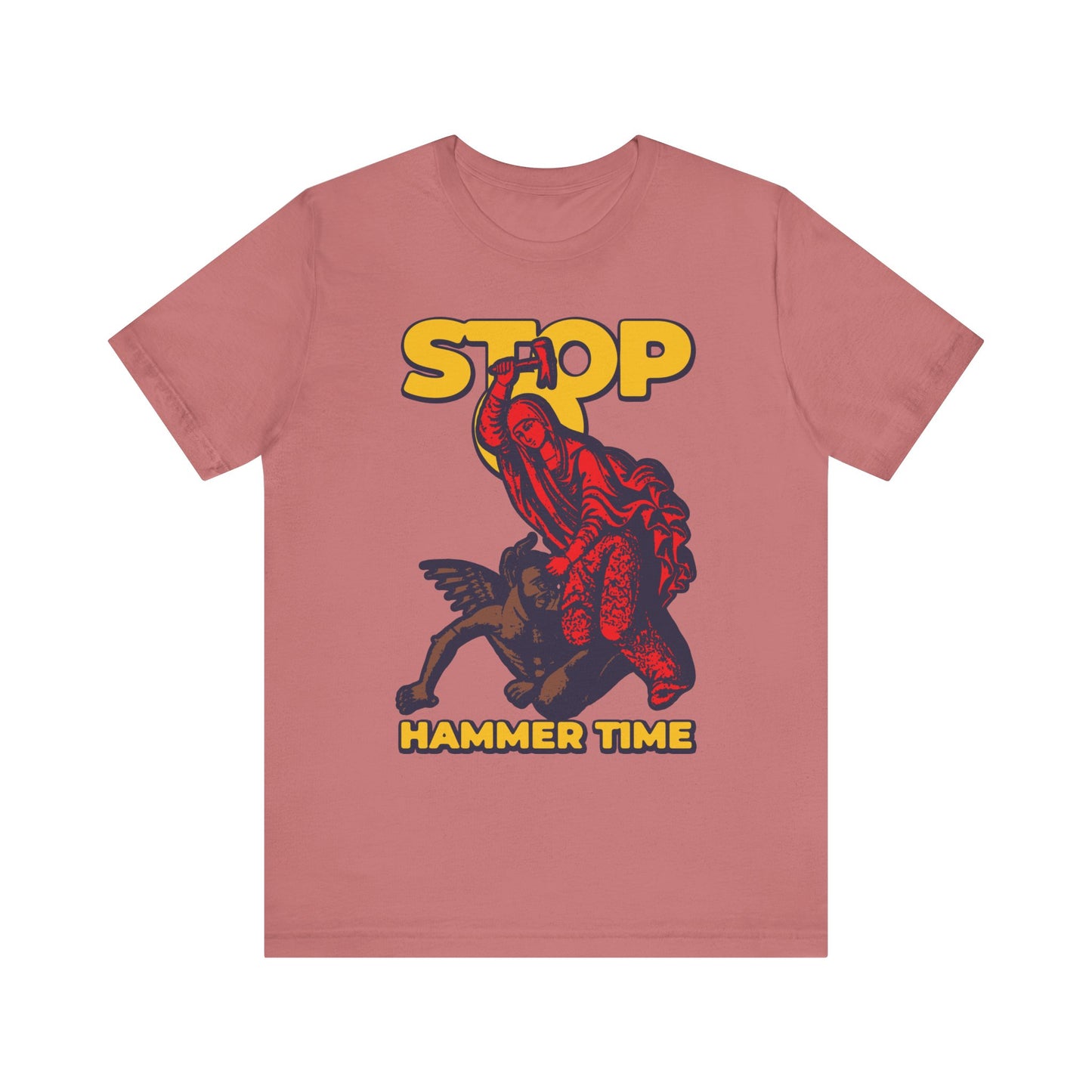 Sure! Here is your revised sentence: Mauve lightweight cotton unisex t-shirt featuring the design "St Marina of Antioch Beating Devil with Hammer | Stop, Hammer Time," inspired by the bold spirit of the Christian martyr Saint Marina of Antioch, with a colorful red, blue, and yellow graphic.