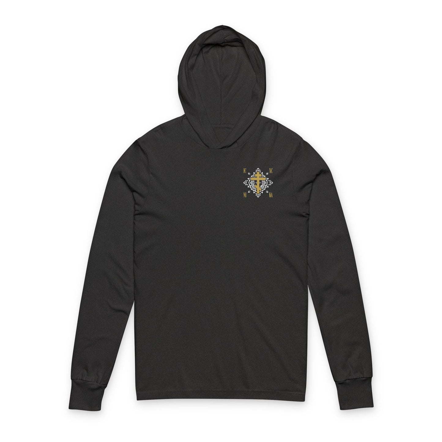 Gold Orthodox Cross ICXC NIKA  (Small Design) | White Medieval Ornate Floral Pattern | Jesus Christ Conquers | Christian Hooded Shirt