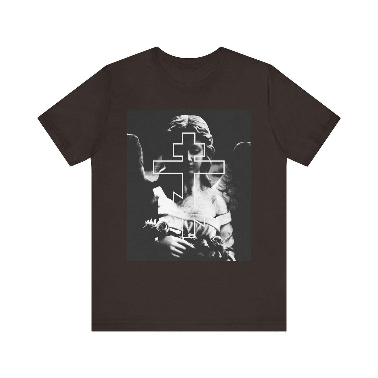 Brown lightweight cotton unisex tee featuring a grayscale goth Cemetery Angel and Orthodox Cross graphic, with “Remember You Will Die” Memento Mori theme—a striking tribute for the devout soul.