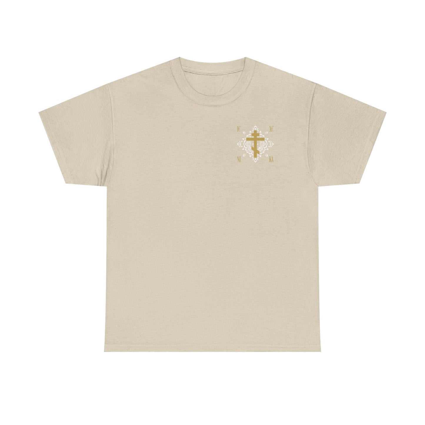 Sand midweight cotton unisex tee featuring a small gold Orthodox Cross ICXC NIKA and white medieval ornate floral pattern on the left chest, symbolizing "Jesus Christ Conquers.