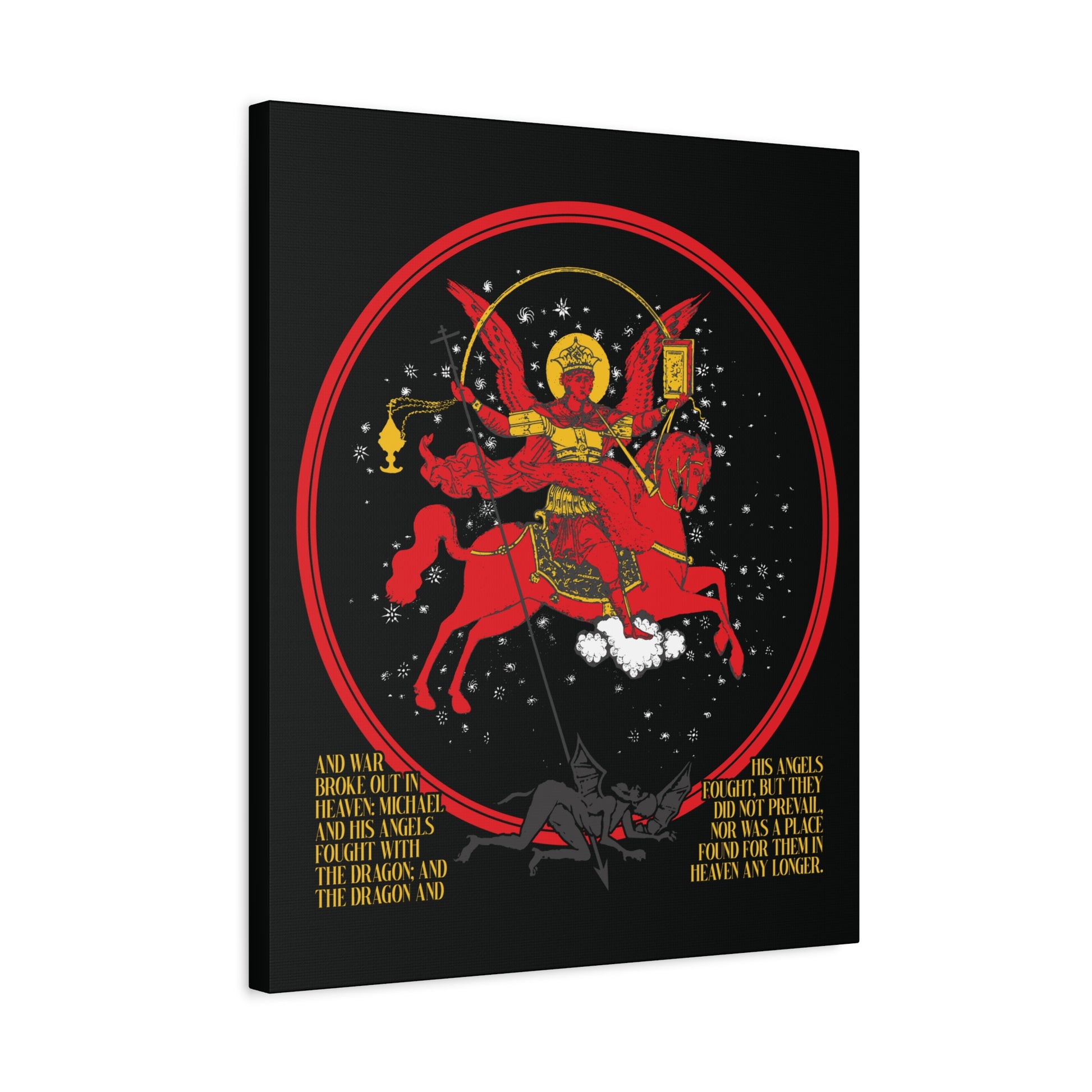 Archangel Michael of the Apocalypse Icono-Graphic Canvas Art depicts him on a red horse defeating Satan, inspired by Revelation 12:7-9 and titled "War in Heaven | Satan Cast Out," with text shown below.
