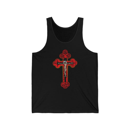 Black tank top featuring a red Byzantine Orthodox Crucifix with Alpha & Omega, inspired by “I Am Crucified With Christ”; Christian cotton apparel.