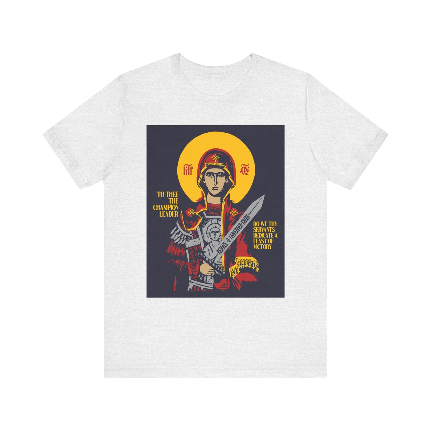 Ash lightweight cotton unisex tee featuring an iconographic graphic of the Theotokos with a sword, titled "To Thee the Champion Leader," inspired by Orthodox Christian art.