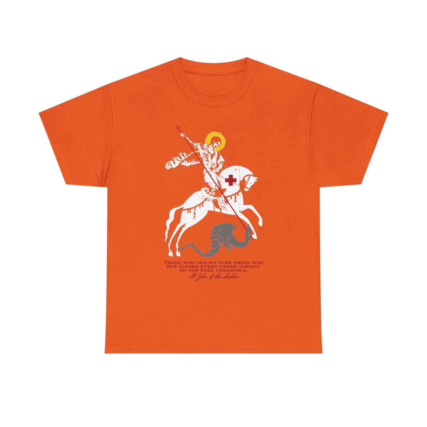 Sure! Here’s a rewritten sentence using the provided product data: The “Those Who Mourn Over Their Sins” unisex tee in orange features an iconographic depiction of St George slaying the dragon, inspired by St John Climacus—a bold Orthodox Christian tribute printed on midweight cotton.