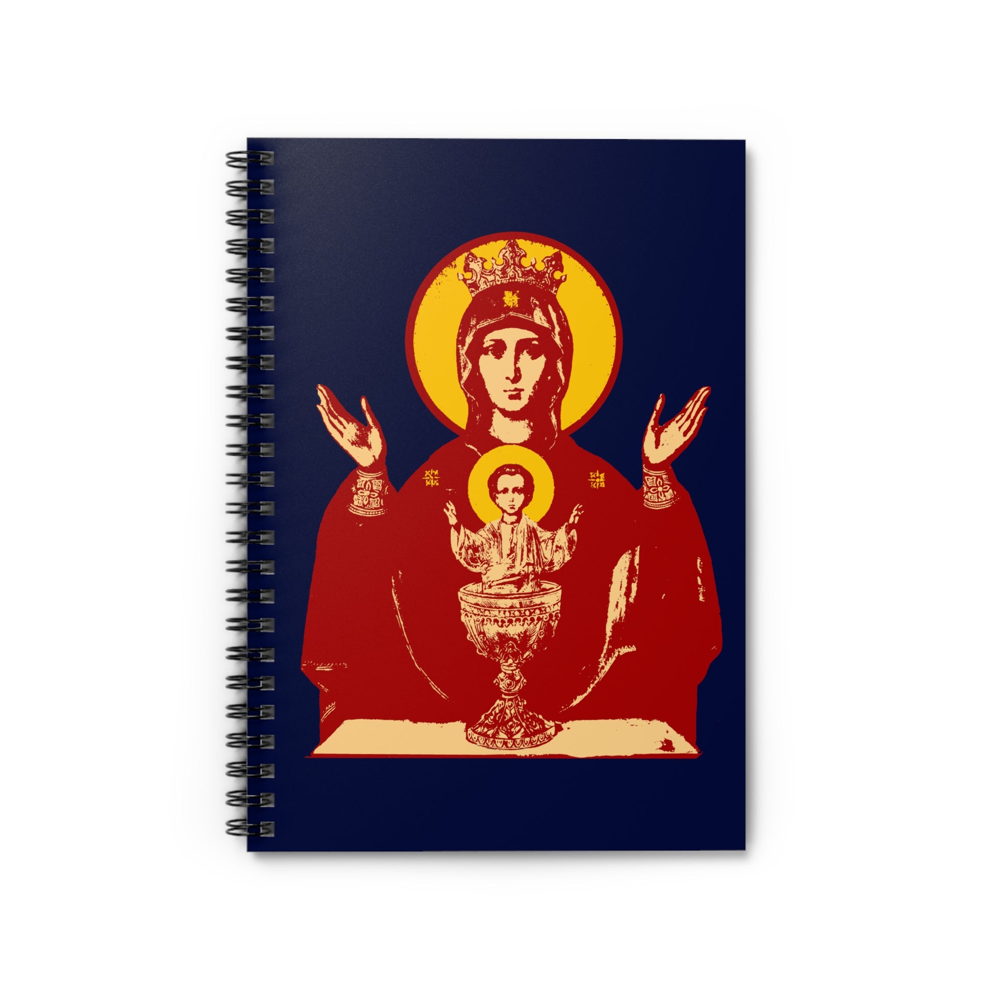 Icon-style art of the Holy Theotokos "Inexhaustible Chalice" – Deliverer from Addictions and Conqueror of Passions featured on an Orthodox Christian spiral notebook cover.