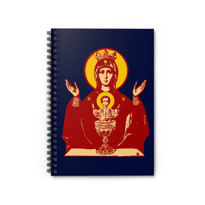Icon-style art of the Holy Theotokos "Inexhaustible Chalice" – Deliverer from Addictions and Conqueror of Passions featured on an Orthodox Christian spiral notebook cover.