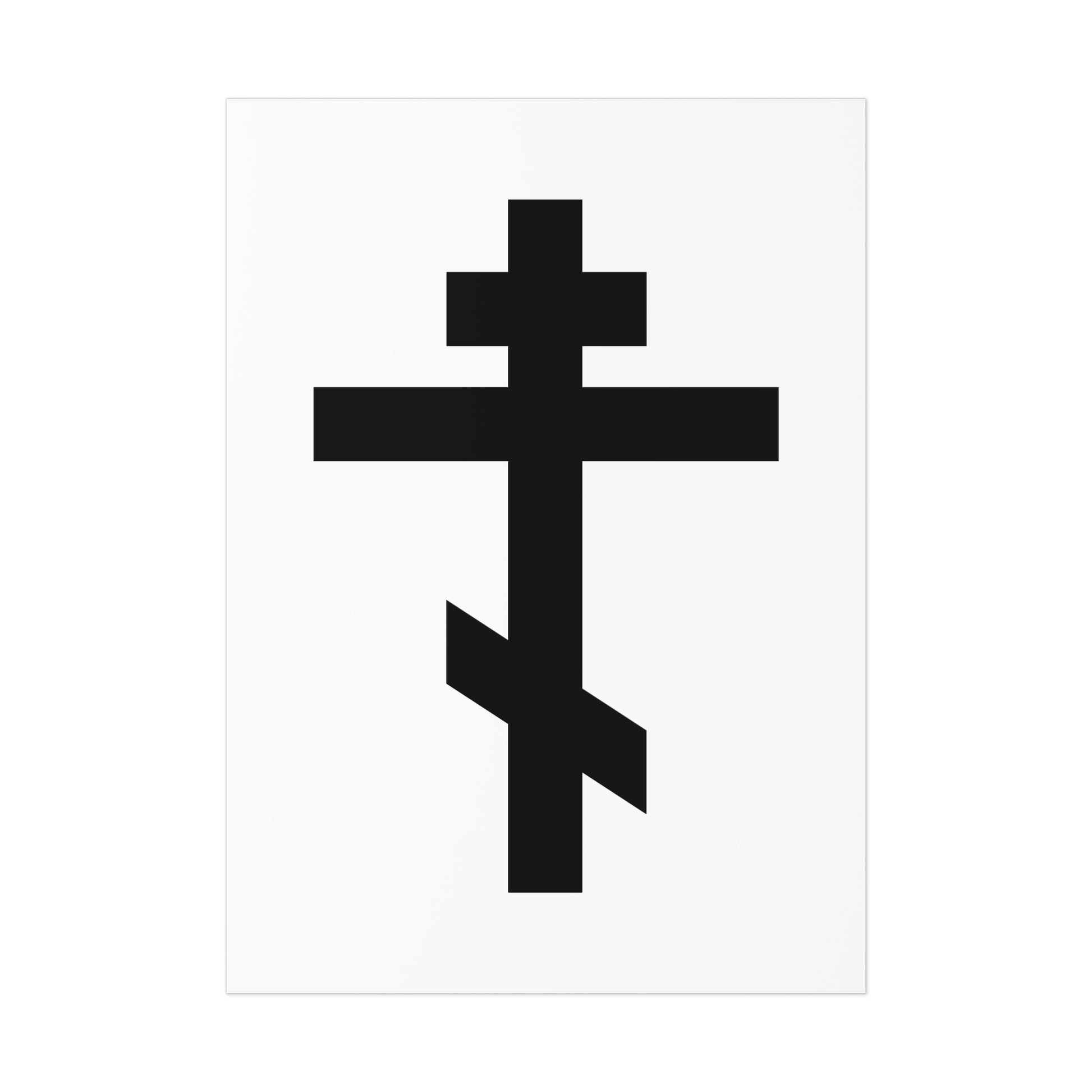 The "Black Orthodox Cross White Background" poster features a three-bar cross and the quote "May I never boast, except in the cross of our Lord Jesus Christ" (Gal 6:14), perfect for Orthodox art and St John Chrysostom contexts.