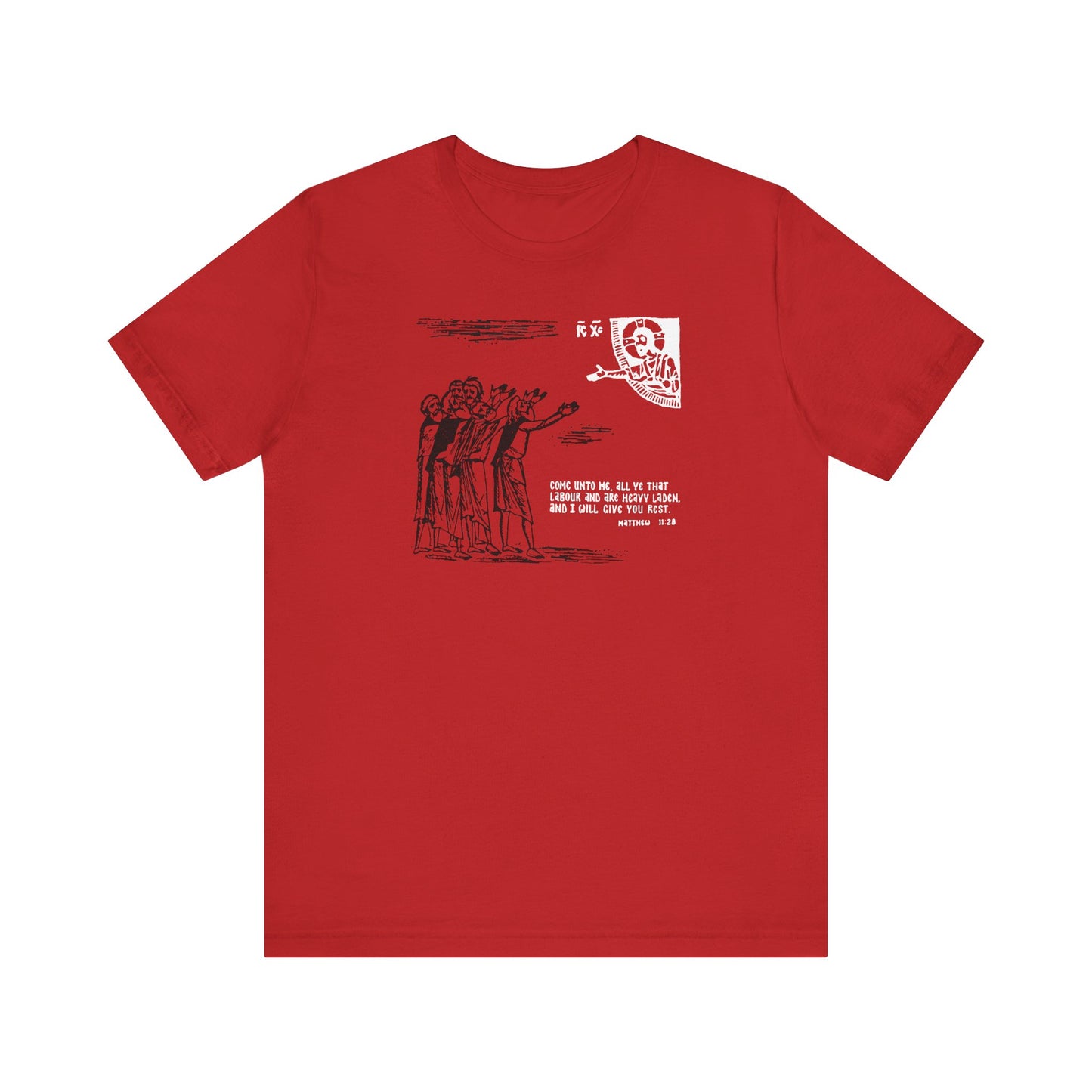 Red Orthodox Christian cotton t-shirt featuring the icono-graphic "Come Unto Me All Ye That Labour & Are Heavy Laden" (Matt. 11:28) design, inspired by St Cyril of Alexandria.