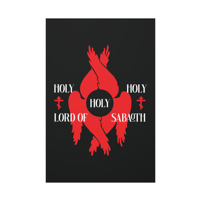 Holy Holy Holy Lord of Sabaoth Red Seraphim Wings Orthodox Crosses | Isaiah 6:3 Christian Canvas Art—features a red six-winged seraph on black, inspired by Isaiah's vision and the Divine Council.
