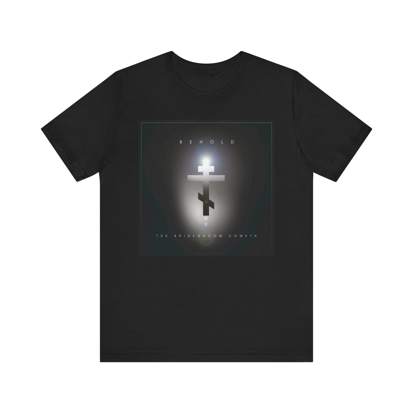The black "Behold the Bridegroom Minimalist Cinematic Lens Flare" Orthodox Christian t-shirt features BEHOLD and THE BRIDEGROOM COMETH on the front, serving as a reminder to stay prepared for Christ's return. Made of lightweight cotton, unisex fit.