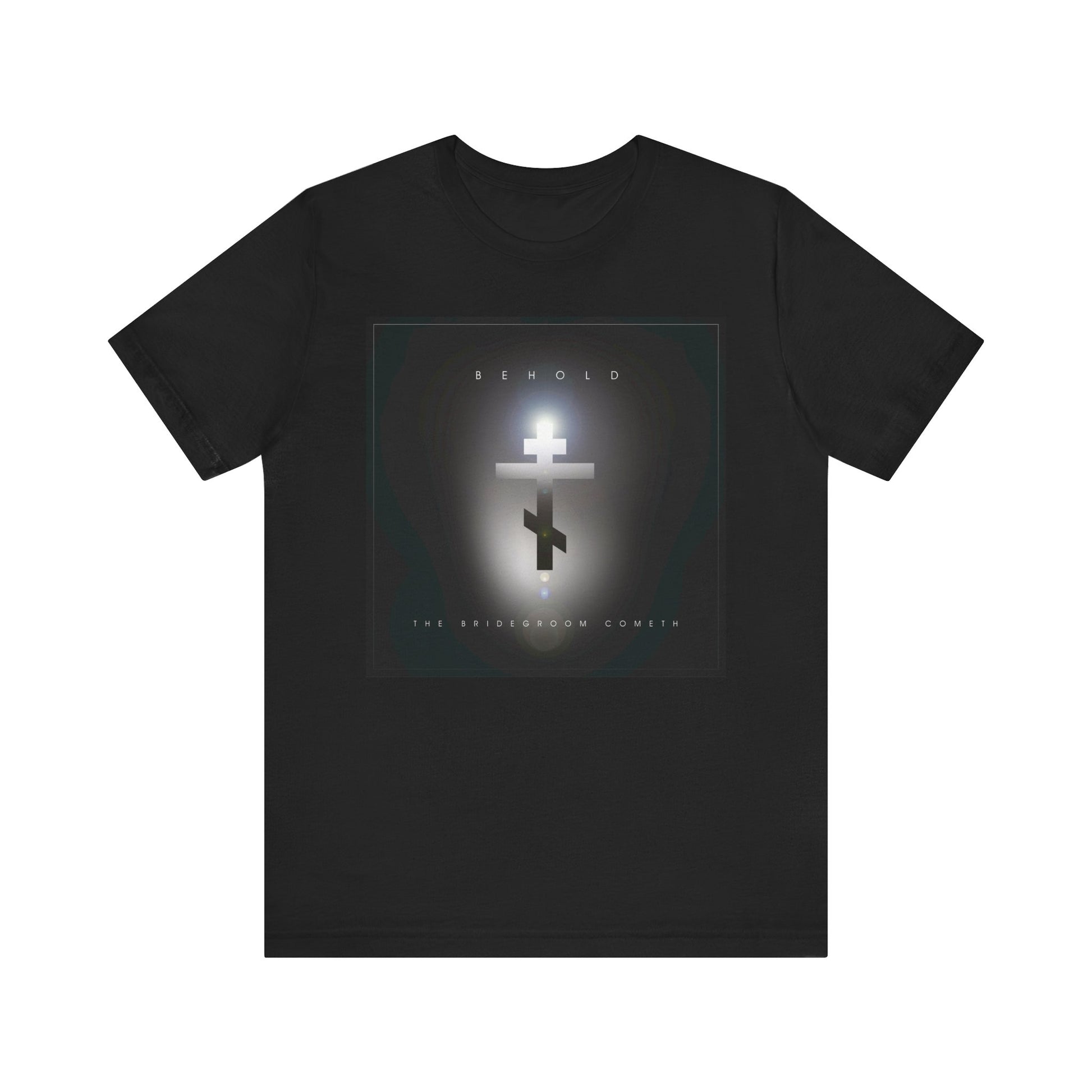 The black "Behold the Bridegroom Minimalist Cinematic Lens Flare" Orthodox Christian t-shirt features BEHOLD and THE BRIDEGROOM COMETH on the front, serving as a reminder to stay prepared for Christ's return. Made of lightweight cotton, unisex fit.