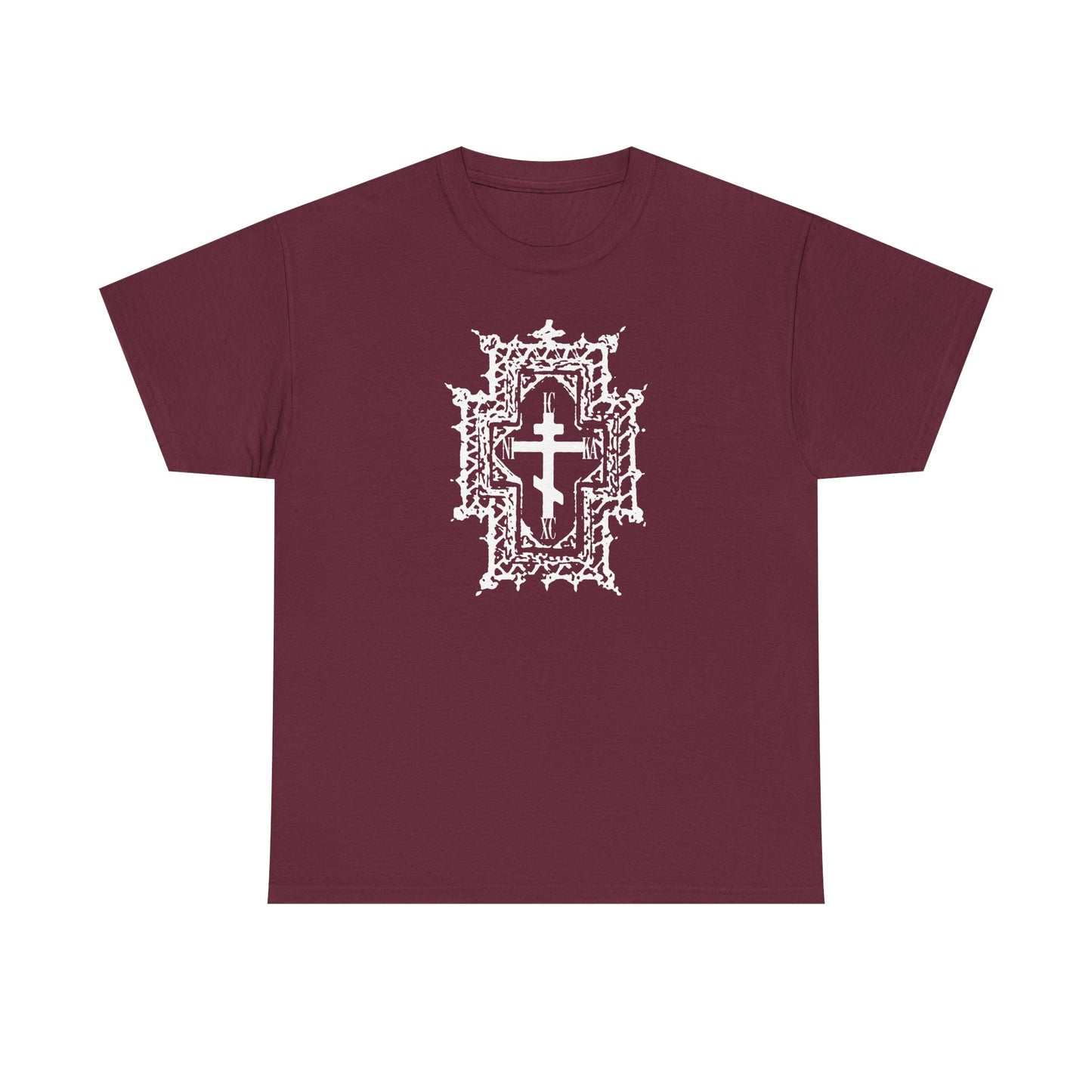 Maroon ICXC NIKA t-shirt featuring a white Gothic Cathedral Style Orthodox cross with crown of thorns details and “Healed By His Wounds” message, centered on the front.