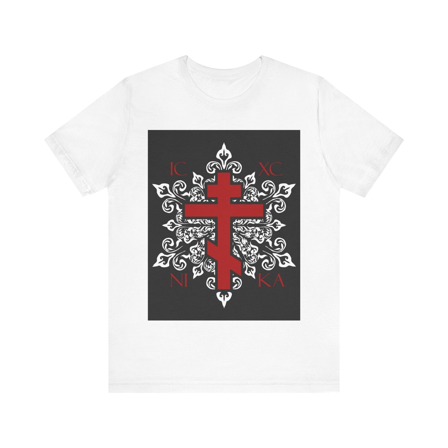 ICXC / NIKA Red Orthodox Cross on Ornate White Medieval Floral Design | Best-Selling Orthodox Christian Cotton Unisex Tee