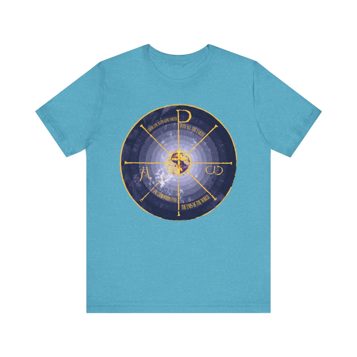 Heather Aqua tee featuring a medieval-style Geocentric Cross and Chi Rho with Alpha & Omega Greek letters in blue and yellow, highlighted at the center. Orthodox Christian graphic, lightweight cotton, unisex fit.