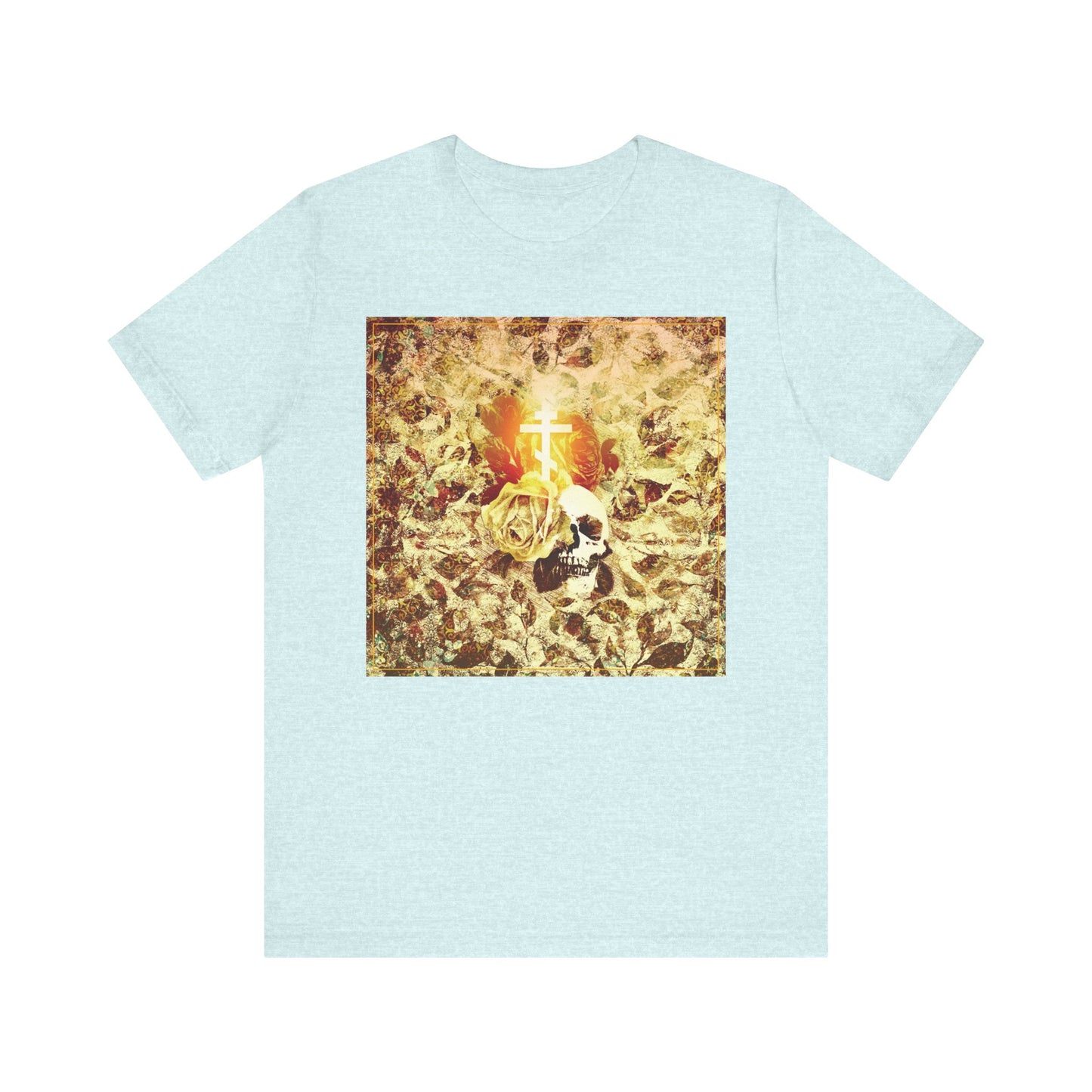 Heather Prism Ice Blue unisex tee featuring a rose, skull, and glowing Orthodox cross graphic over a floral texture—gothic Christian aesthetic inspired by Ezekiel’s prophecy. Lightweight cotton. Rose & Skull Glowing Orthodox Cross design.
