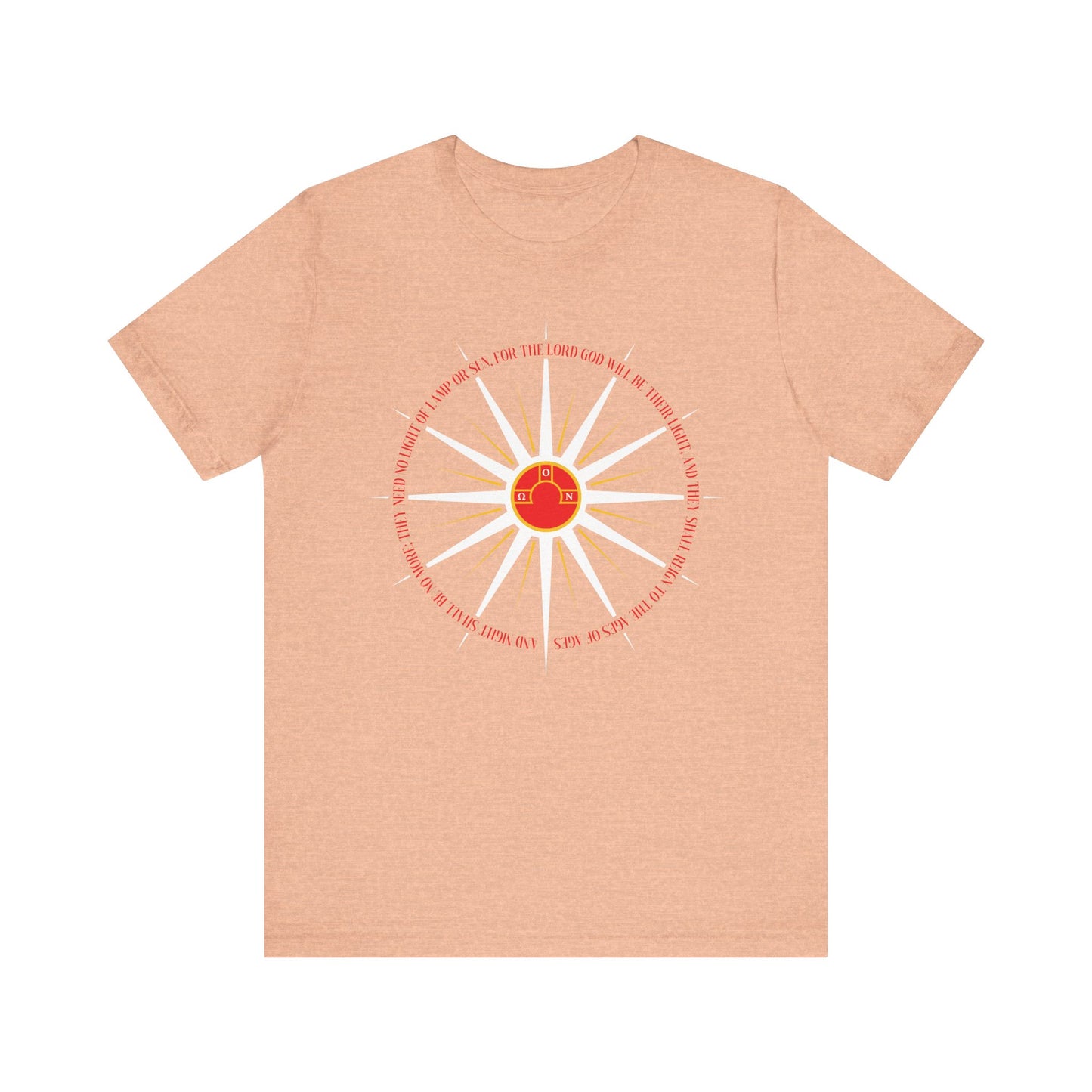 Heather peach cotton t-shirt features blazing sun rays and a small red cabin at the center, with a circular text inspired by St. Nikolai Velimirovic’s longing for a heavenly homeland—“And Night Shall Be No More” (Rev. 22:5).