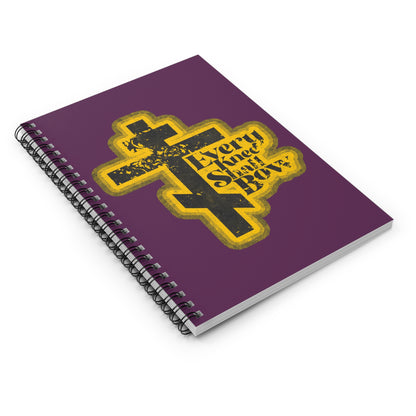 Every Knee Shall Bow | 70s Distressed Halftone Comic Book Aesthetic spiral notebook featuring Philippians 2:10-11 & Isaiah 45:23 on a purple cover—Orthodox Christian design with yellow cross and bold declaration of Jesus Christ as Lord.