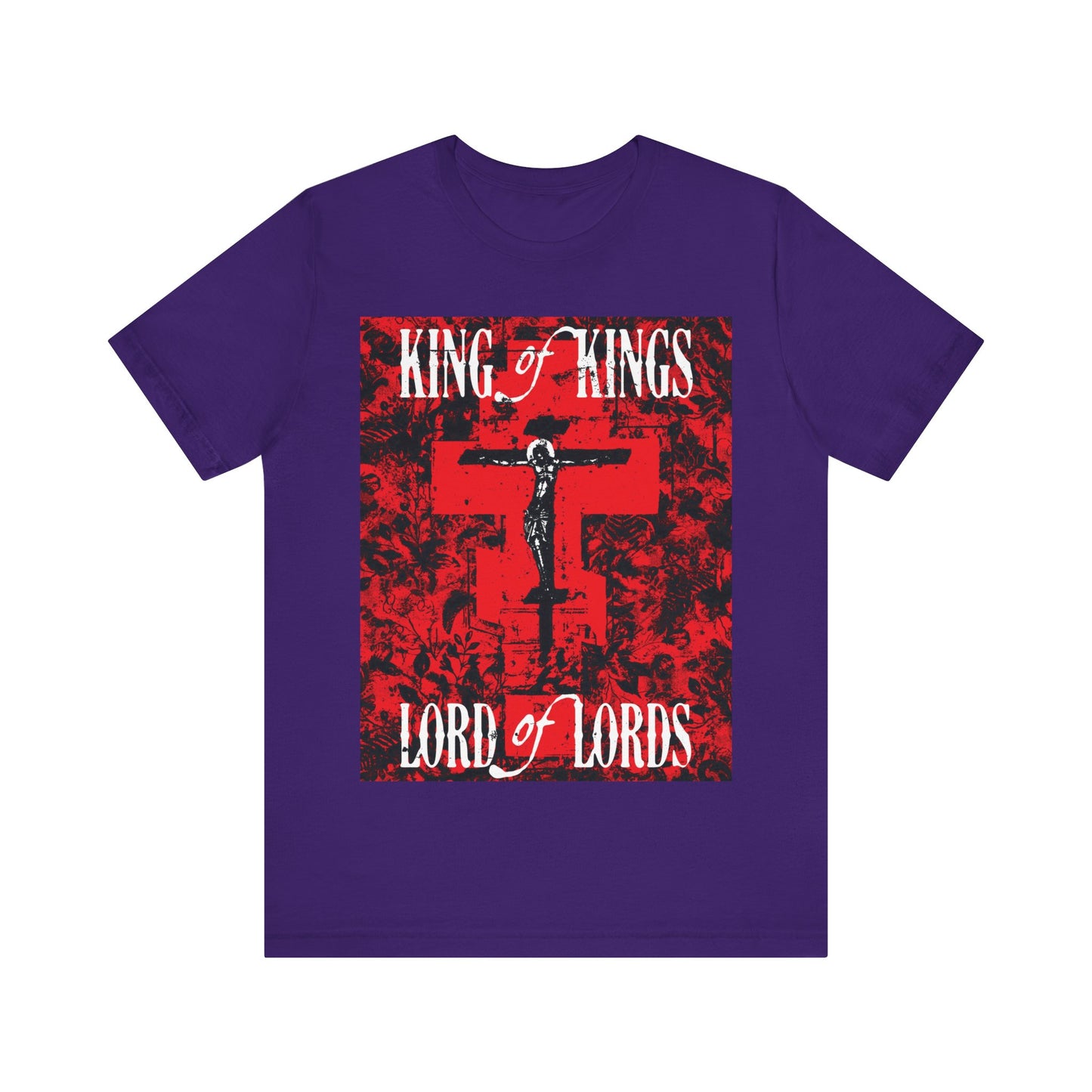 King of Kings, Lord of Lords | Christ Crucified Icono-Graphic | Red Cross Nature Texture w/ White Text | Christian Cotton T-Shirt