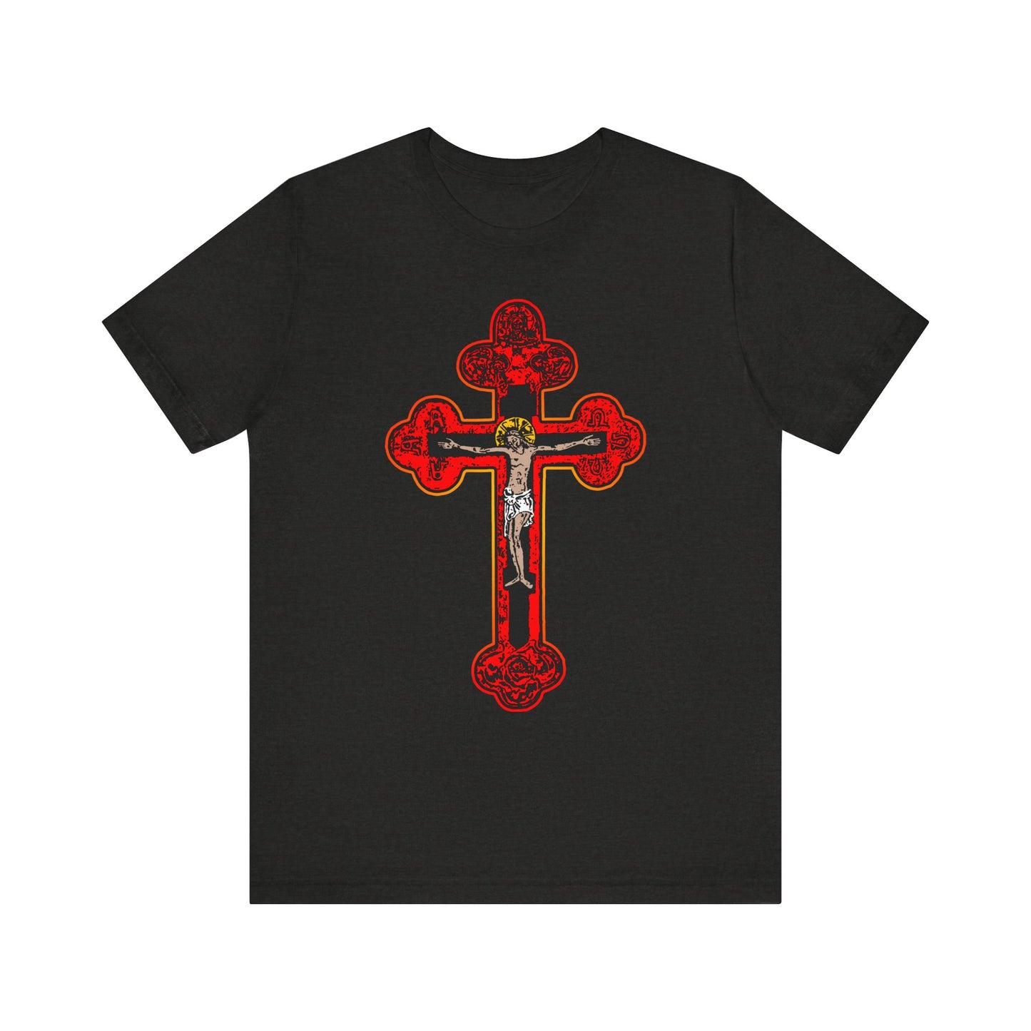 Black Heather unisex tee featuring the Red Orthodox Christian Crucifix with a detailed Byzantine Golgotha Cross design, displaying a crucified figure at its center—symbolizing faith in the Son of God and inspired by Isaiah 53:3-5.