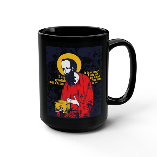 St Paul Holding Gospel Iconographic | I am crucified with Christ (Galatians 2:20) | Orthodox Christian Black Mug