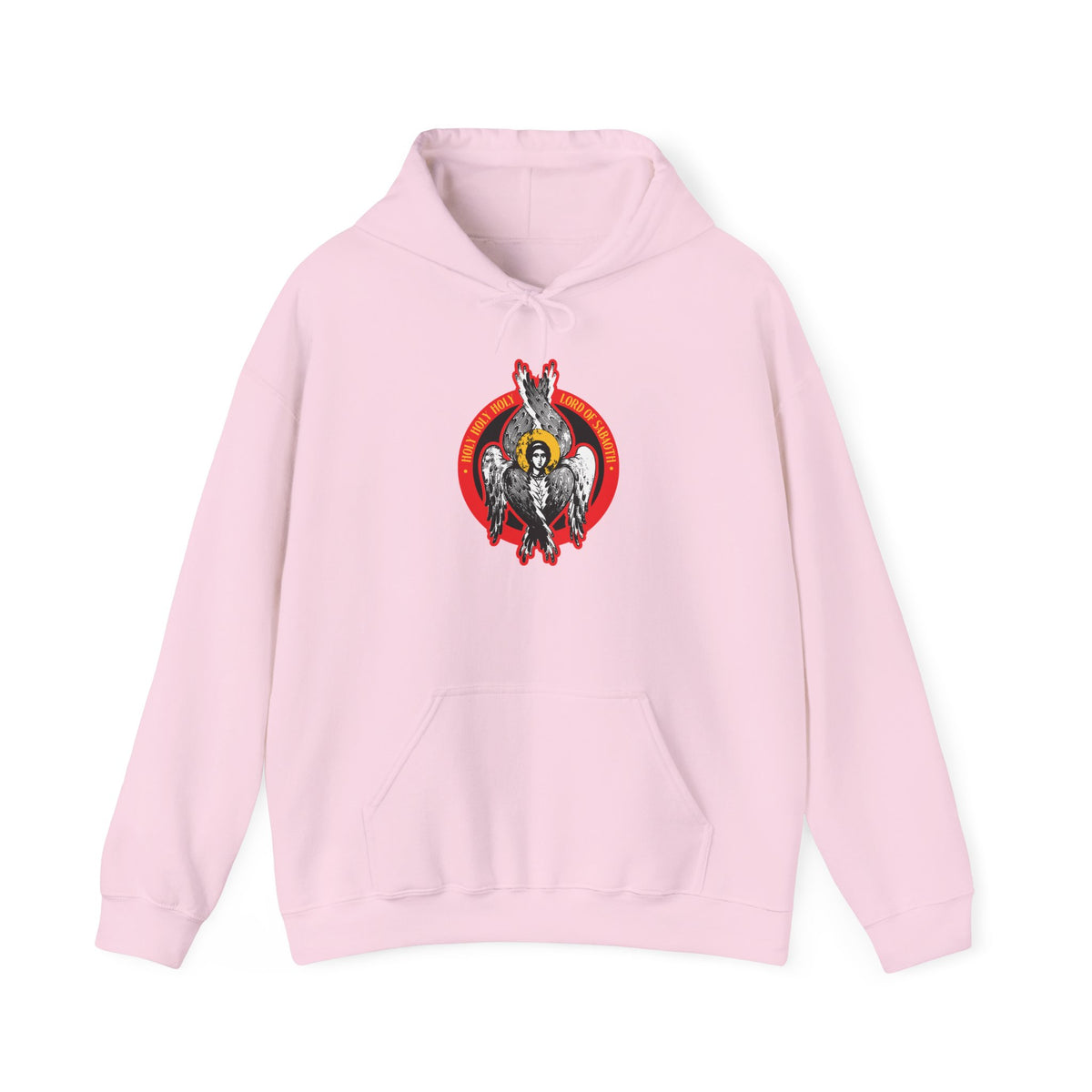 Light pink “Holy Holy Holy, Lord of Sabaoth” hoodie showcasing a vibrant, symmetrical Orthodox Seraphim angel iconographic graphic—depicting wings and a halo on the chest—inspired by Isaiah 6 and the vision of the Lord of Hosts.