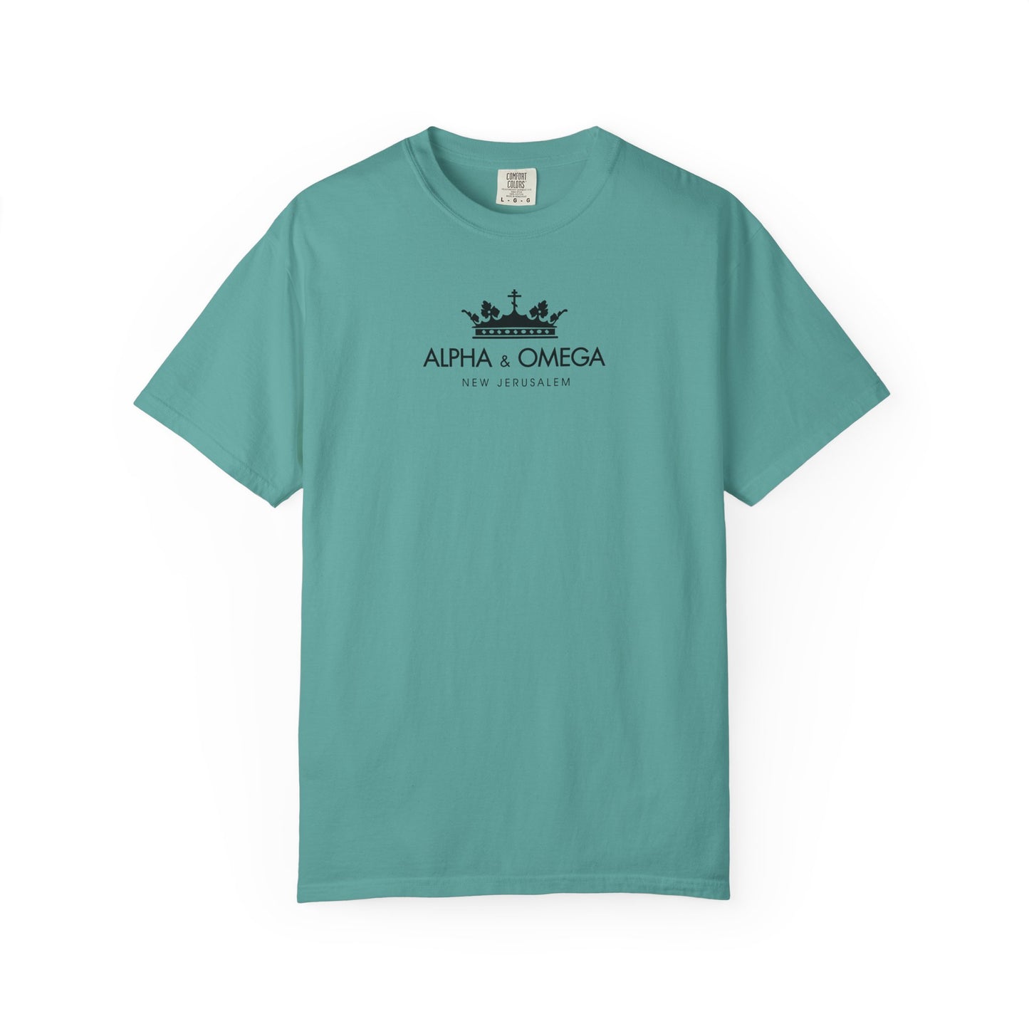 A seafoam heavyweight cotton unisex T-shirt featuring a black crown with an Orthodox cross and the text “Alpha & Omega New Jerusalem,” inspired by Revelation and the mystical significance of Christ as the Eternal Tao.
