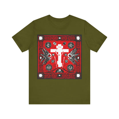 Adoration of Holy Cross IconoGraphic | Striking Red, White, & Black Russian Cross Design w/ Angels  | Orthodox Christian T-Shirt