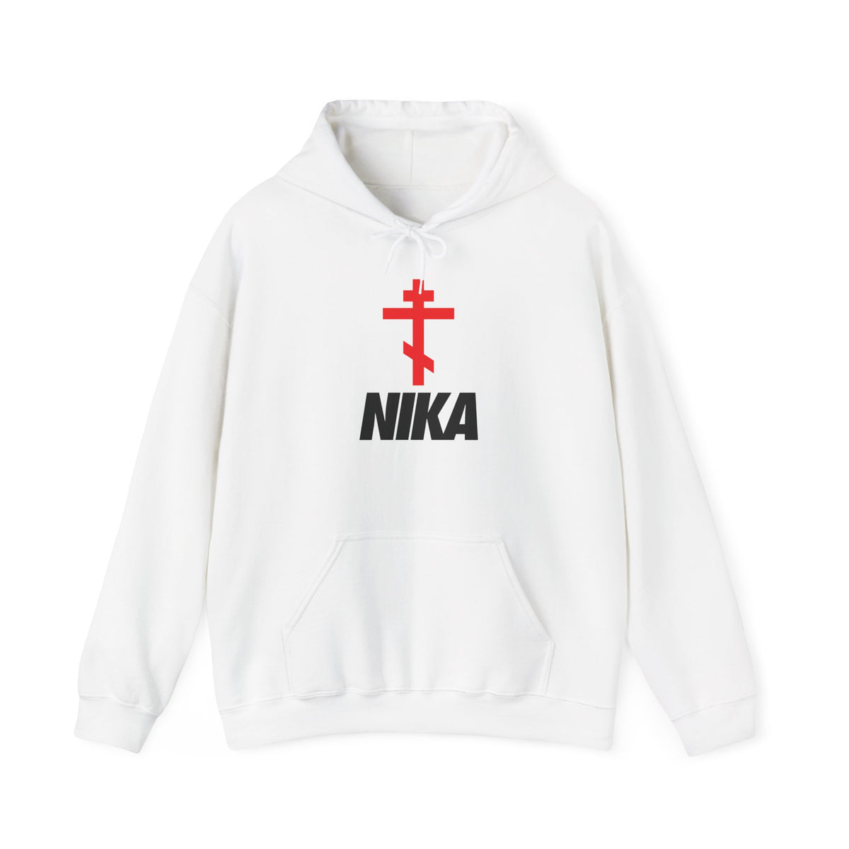 Sure! Here’s a rewrite using your product data: White “NIKA Orthodox Cross | NIKE Logo Mashup” hoodie featuring a minimalist red Orthodox cross above the bold black “NIKA” text on the chest, combining athletic ascetic fashion with traditional Christian iconography.