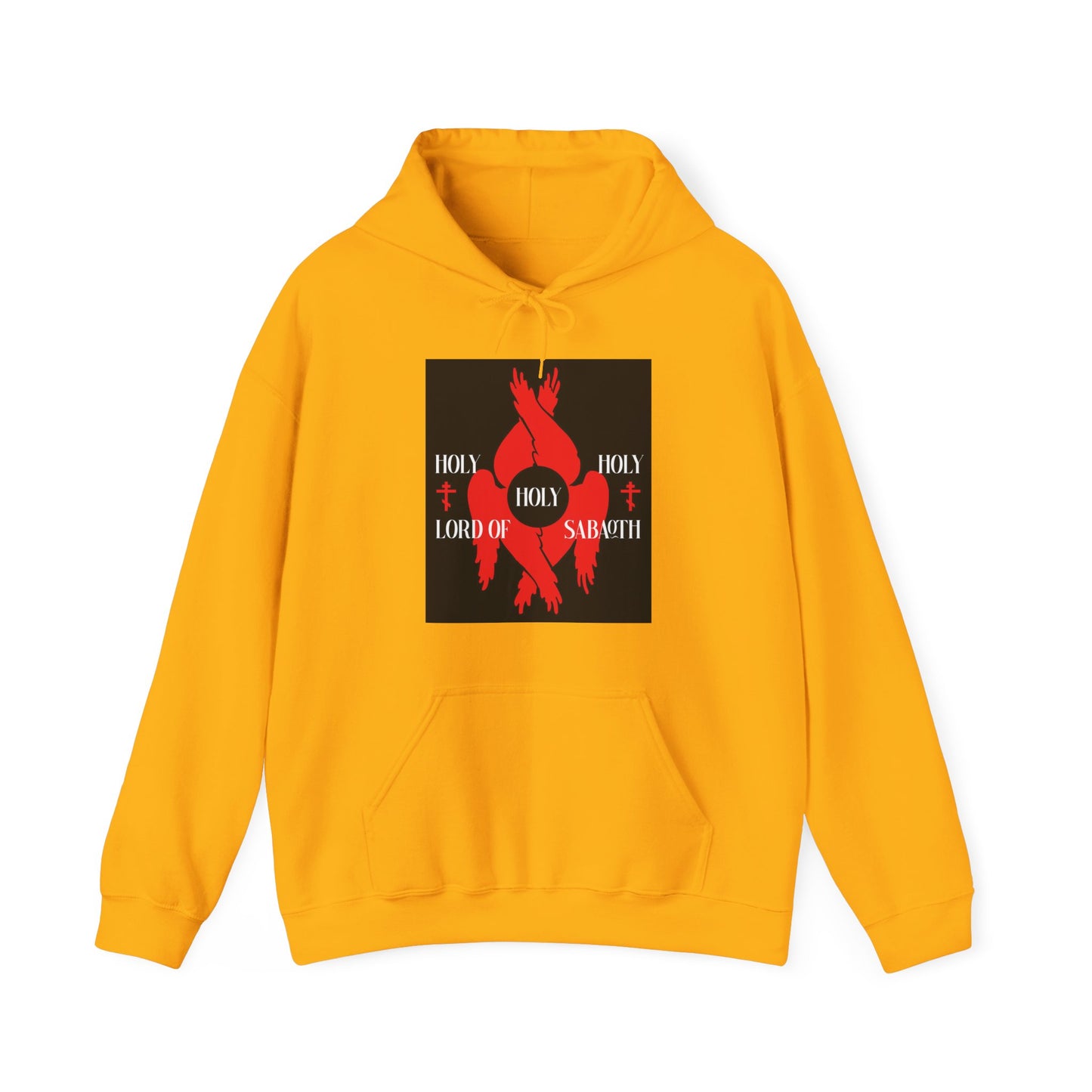 Gold hoodie showcasing red seraphim wings and Orthodox crosses with "Holy Holy Holy Lord of Sabaoth" graphic, inspired by Isaiah 6:3 and the Divine Council. Orthodox Christian design.