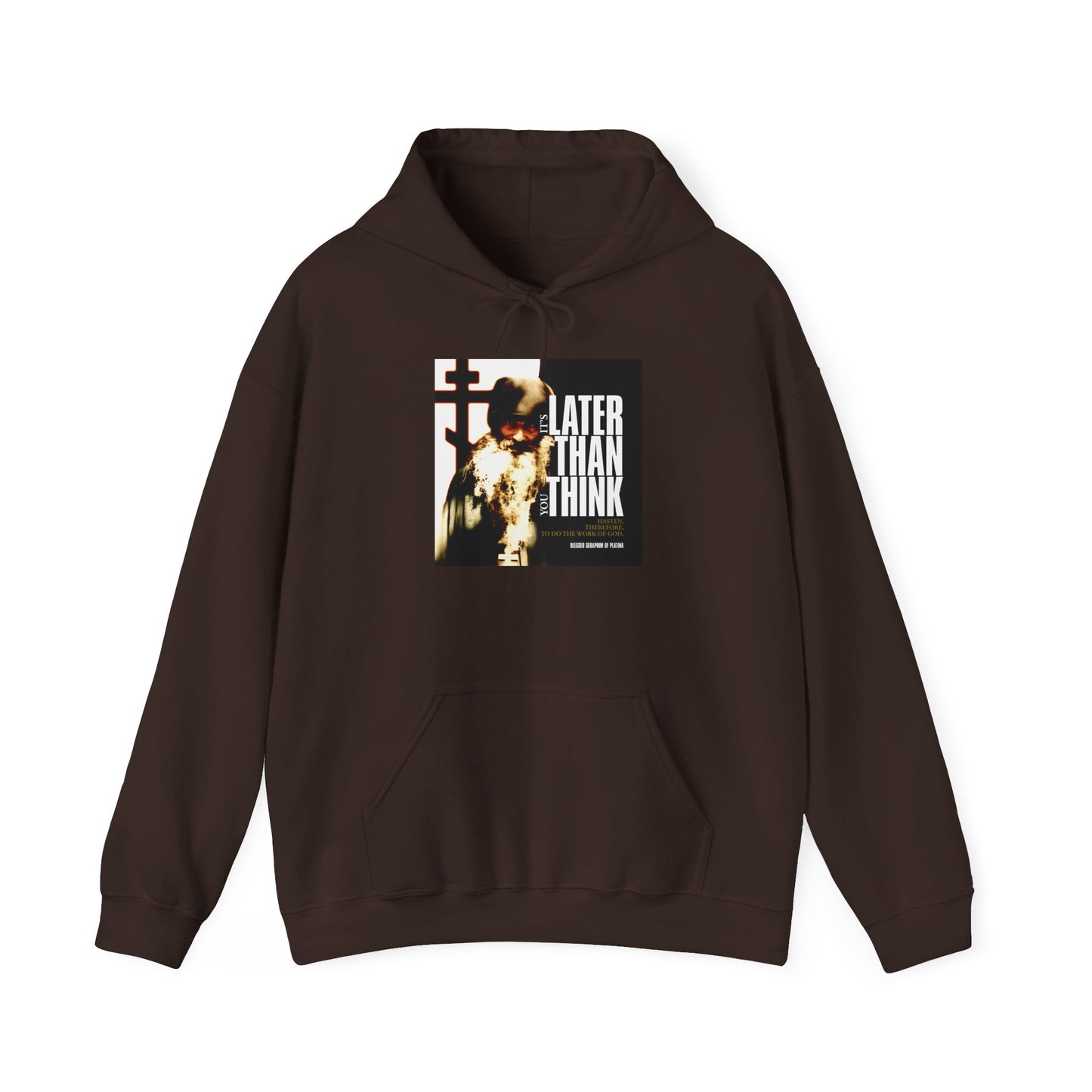 Dark Chocolate "It's Later Than You Think" hoodie featuring a photo of Fr. Seraphim Rose with modern cinematic poster typography, inspired by Orthodox Christian themes and encouraging a contemplative approach to life.