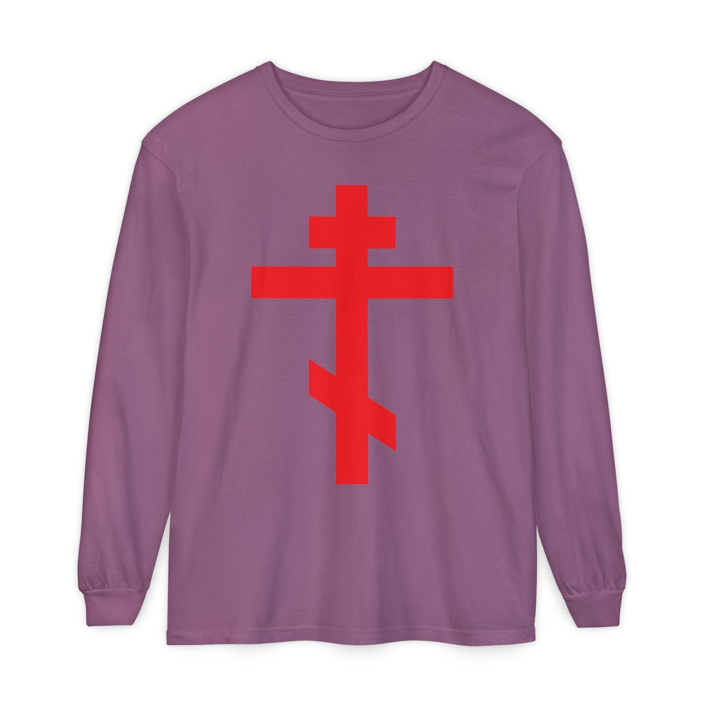 Berry long-sleeve cotton shirt featuring a bright red Orthodox cross with "Preserve Thy People By Thy Cross, O Lord," inspired by the legacy of St. John of Kronstadt. “Crucified With Christ – Christ is King.”.