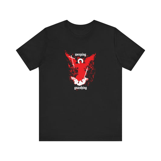 Black "Weeping and Gnashing (Matthew 13:41)" unisex tee featuring a striking red Avenging Angel graphic with a white halo and the words “weeping” and “gnashing” below—an evocative Orthodox Christian design inspired by the consuming fire of God's love.