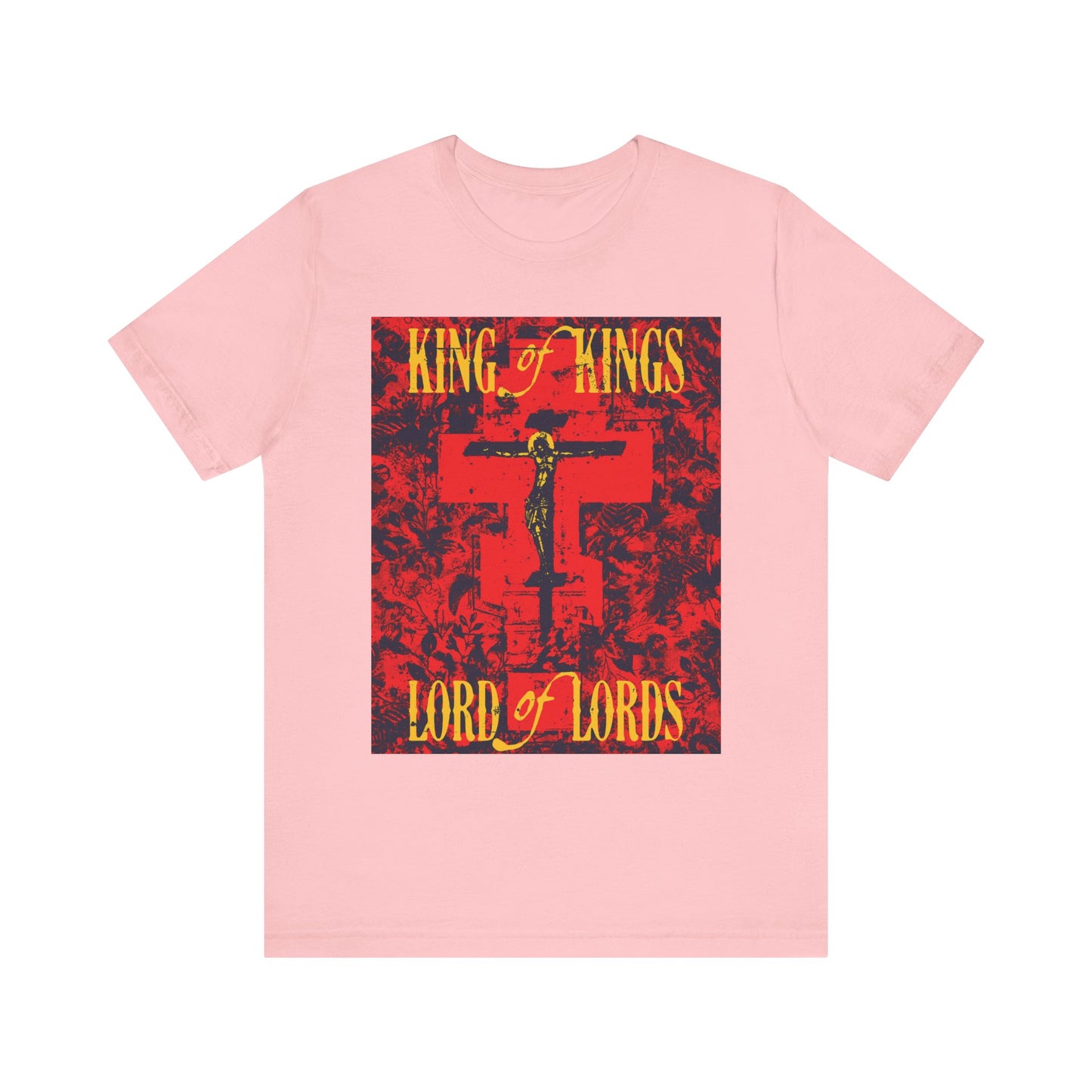 Sure! Here’s a rewritten sentence using the provided product data: Pink “King of Kings, Lord of Lords” unisex T-shirt featuring a yellow and red Christ Crucified Orthodox icono-graphic with nature texture—a lightweight cotton shirt that powerfully displays the enduring message of faith.