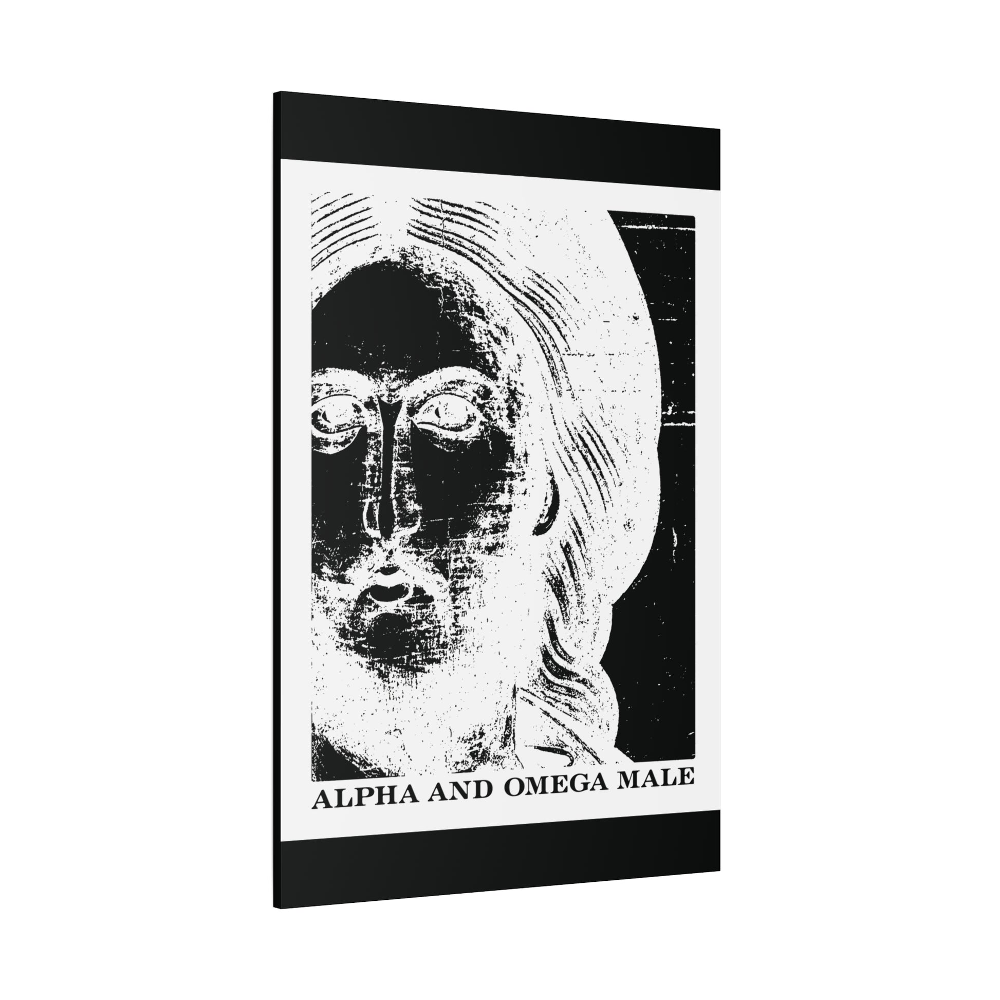 High-contrast black and white art of Jesus Christ titled "Alpha & Omega Male | I am the Beginning & the End (Rev 22)"—an icono-graphic photonegative Orthodox canvas wall art evoking the spirit of the new Jerusalem.