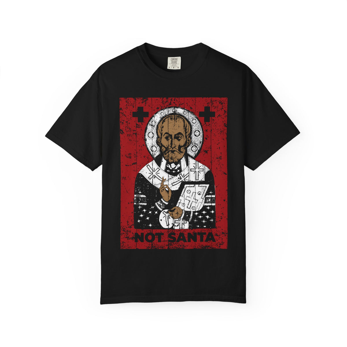 Black St Nicholas of Myra | Definitely Not Santa tee with a Novgorod School icon and NOT SANTA text in red.