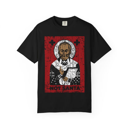 Black St Nicholas of Myra | Definitely Not Santa tee with a Novgorod School icon and NOT SANTA text in red.