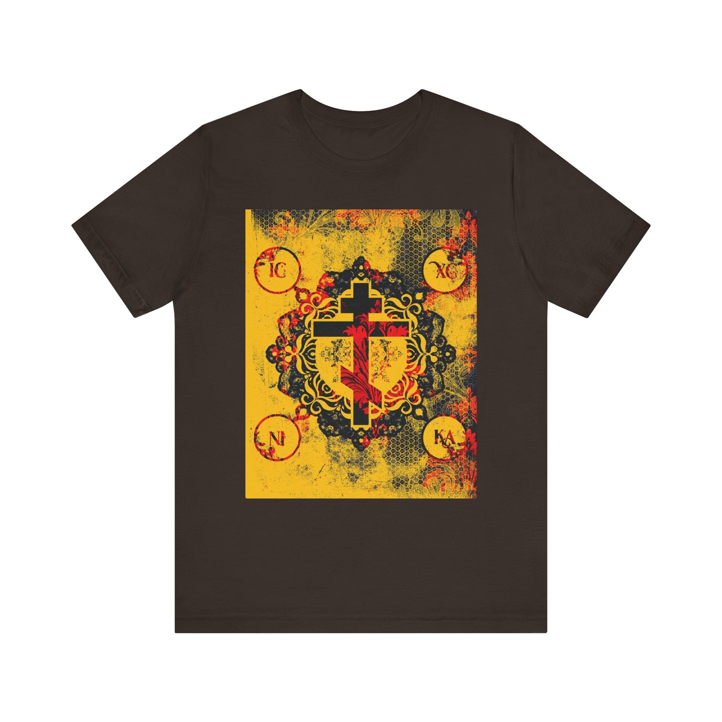 Brown IC XC NIKA Orthodox Cross unisex t-shirt featuring a yellow and red modern-medieval floral cross design, inspired by the mystery of the Cross and Christ’s sacrifice. Lightweight cotton, Orthodox Christian style.