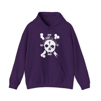 Purple "Die Before You Die" hoodie features a retro skull & crossbones, Orthodox cross, laurel wreath, and Memento Mori design—echoing Matthew 16:24-25’s call to self-sacrifice and ascetic Christian living.