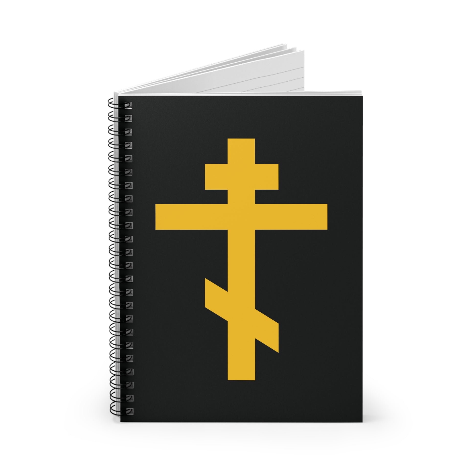 The Yellow Orthodox Cross Black Background Spiral Notebook features the Precious and Life-Giving Weapon of Unseen Warfare—a powerful reminder and Scourge of Demons on a striking black cover.