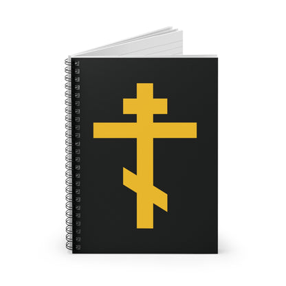 The Yellow Orthodox Cross Black Background Spiral Notebook features the Precious and Life-Giving Weapon of Unseen Warfare—a powerful reminder and Scourge of Demons on a striking black cover.