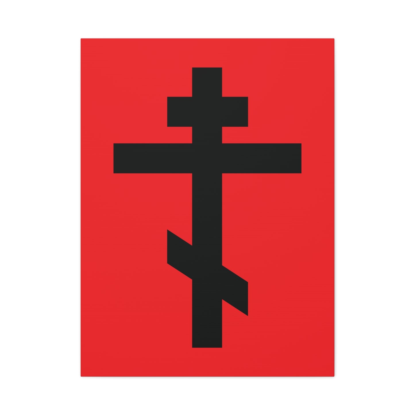 Black Orthodox Cross Red Background Canvas Art: "May I never boast, except in the cross of our Lord Jesus Christ" (Gal 6:14) – a symbol of enduring faith for Orthodox Christians.